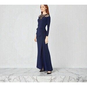 Adrianna Papell Sheath Dress Embellished Long Sleeves Size 4 Sequins Maxi Blue